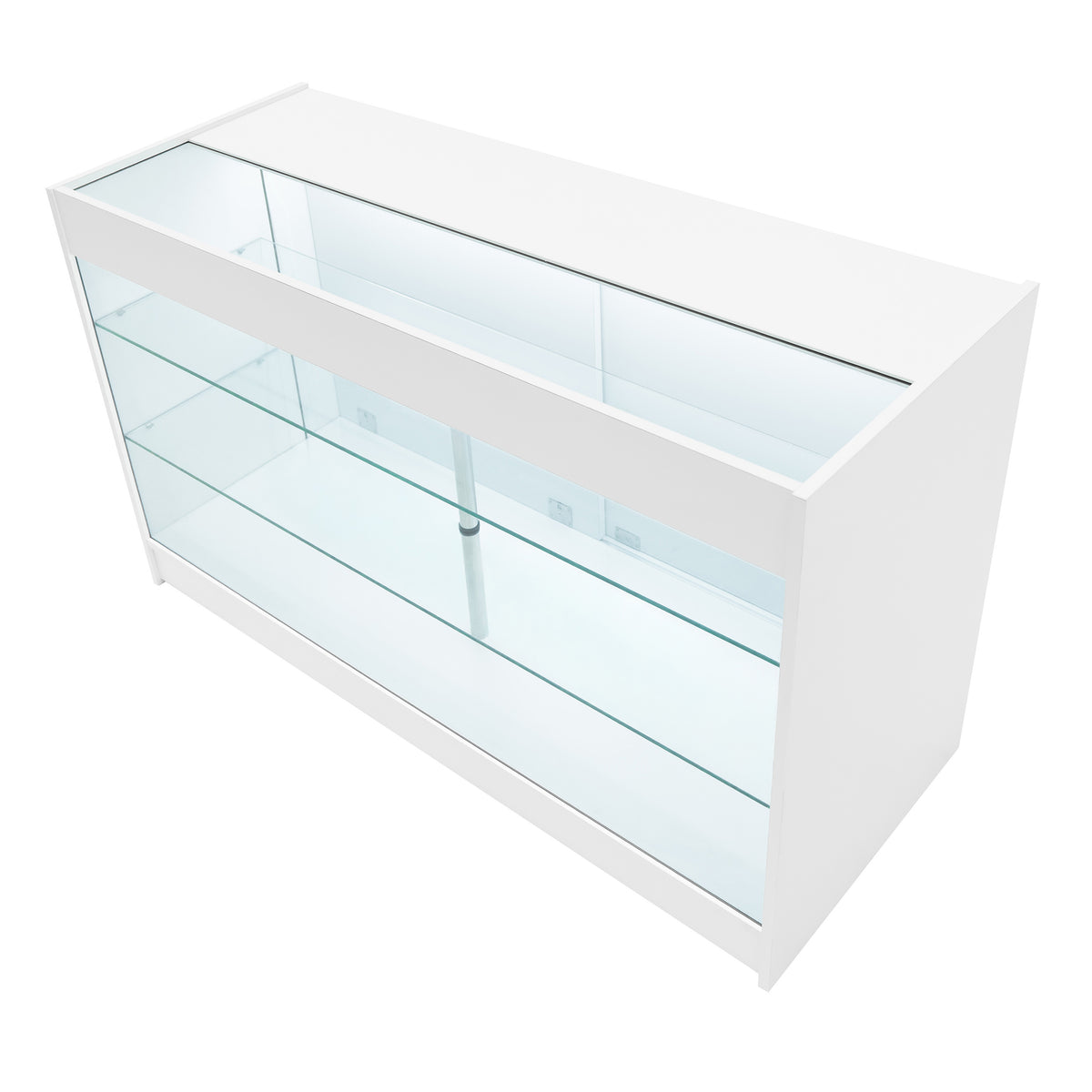 Weißes Hyperion LED Verkaufstheken-Set mit gläsernen Regalen, modernem Design und klaren Linien, ideal für die Präsentation von Produkten