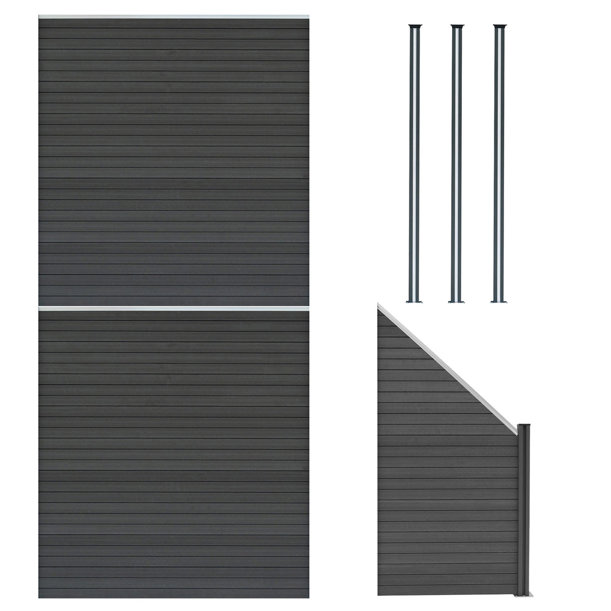 Grau WPC Sichtschutzzaun mit zwei Paneelen, einem Eckstück und drei LED Zaunpfosten, alle mit glatter, moderner Oberfläche und robustem Design