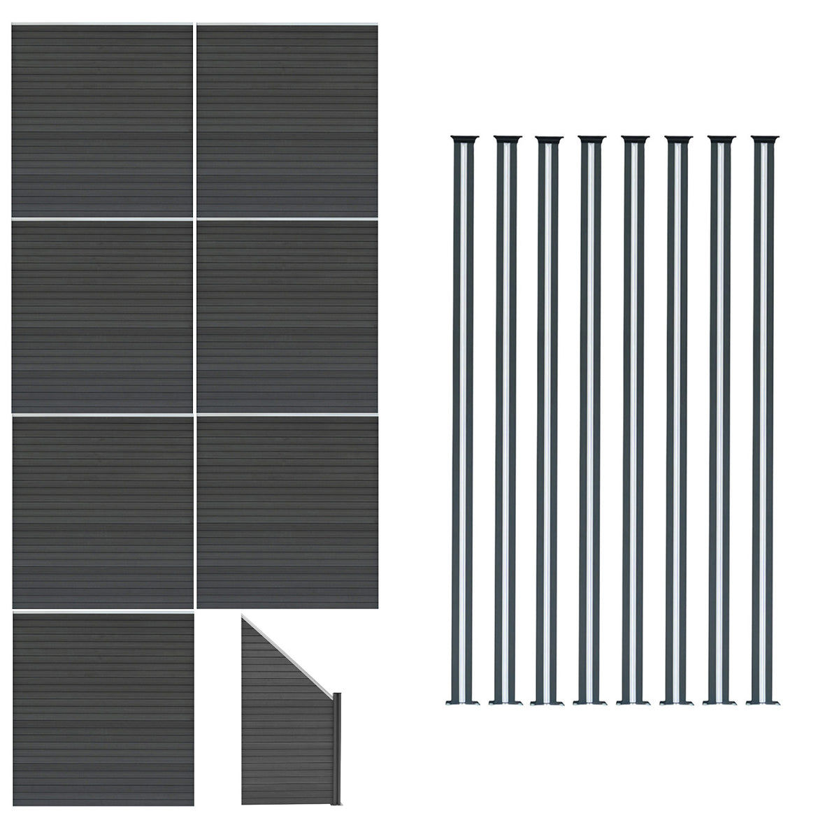 Grau WPC Sichtschutzzaun mit 7 Paneelen, einem Eckstück und 8 LED Zaunpfosten, alle mit einer strukturierten Oberfläche für modernen Gartenstil