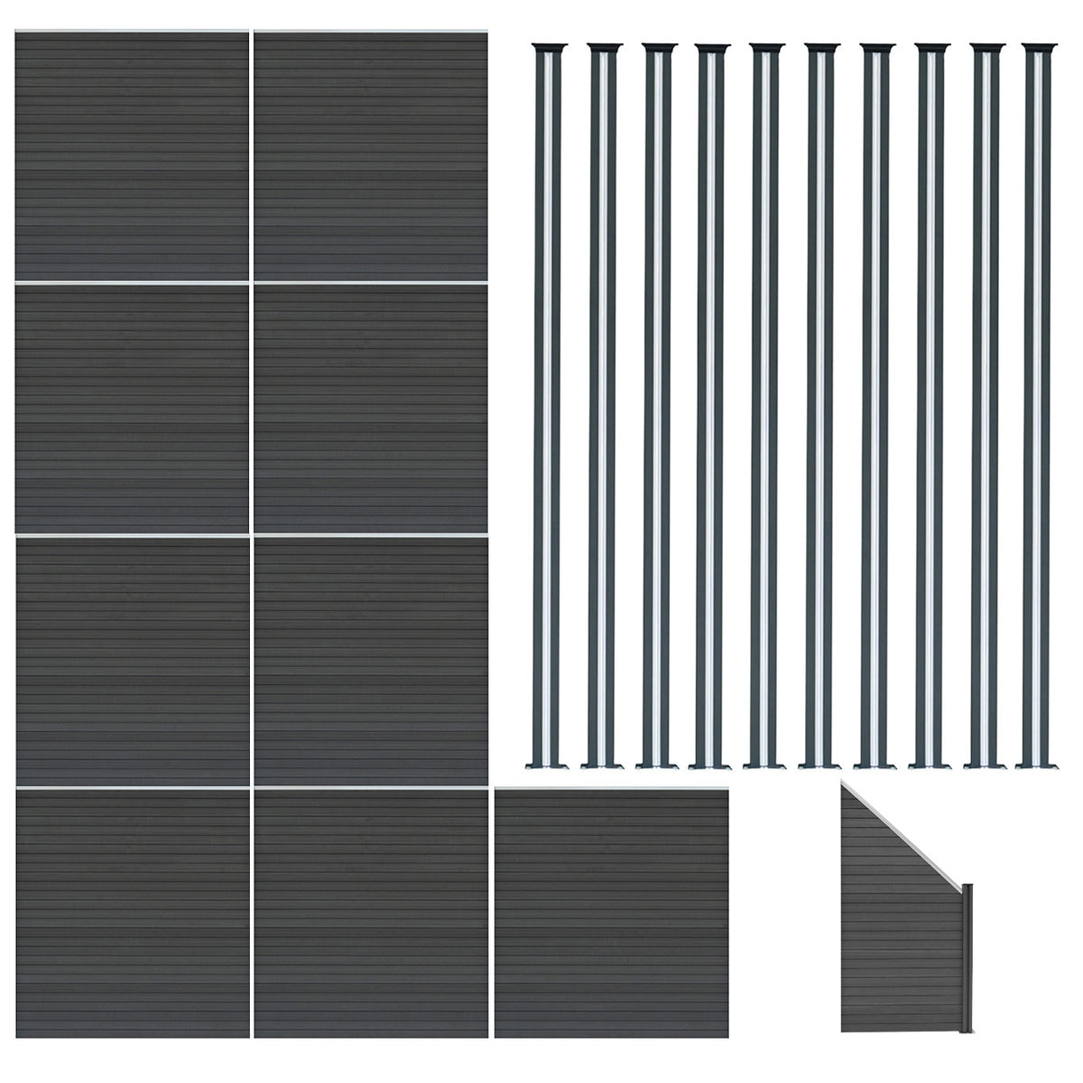 WPC Sichtschutzzaun in Grau, bestehend aus neun Paneelen, einem Eckstück und zehn LED-Zaunpfosten, mit strukturierter Oberfläche und modernem Design