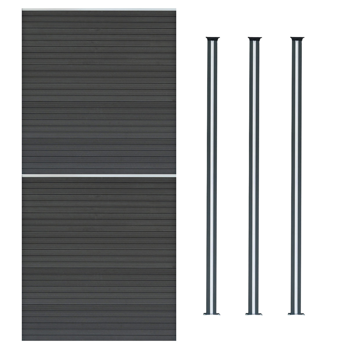Grau WPC Sichtschutzzaun mit horizontalen Lamellen und drei schlanken LED Zaunpfosten, ideal für modernen Garten- und Terrassenschutz