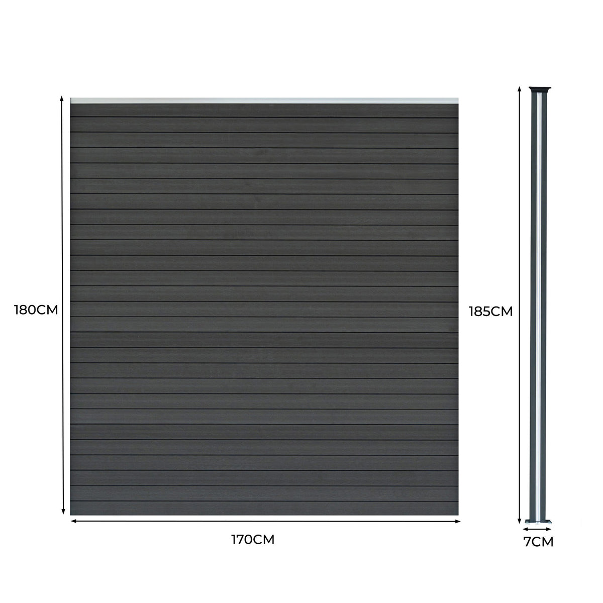 WPC Sichtschutzzaun in Grau mit horizontalen Lamellen, Maße 170x180 cm, inklusive drei LED Zaunpfosten, modern und langlebig