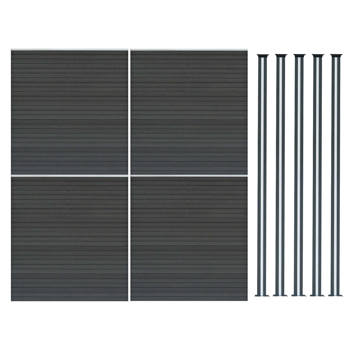 Grau WPC Sichtschutzzaun mit vier Paneelen und fünf LED Zaunpfosten, modernes Design, glatte Oberflächen und langlebige Materialien für optimalen Sichtschutz