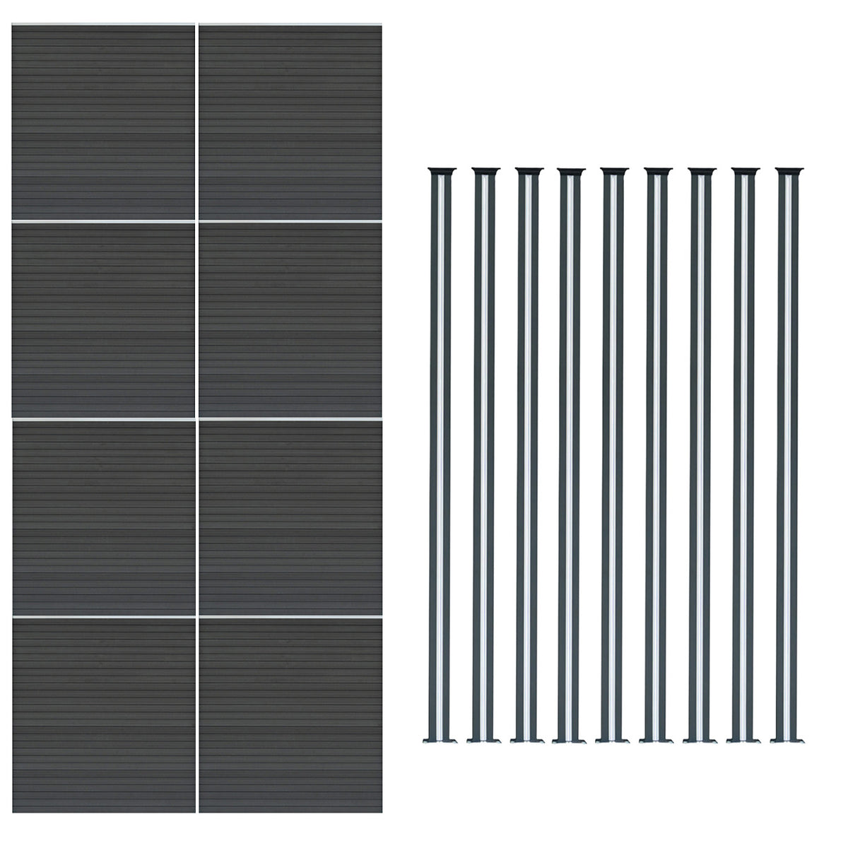 Grau WPC Sichtschutzzaun mit acht Paneelen und neun schlanken LED Zaunpfosten, modernes Design mit strukturierten Oberflächen und eleganter Optik