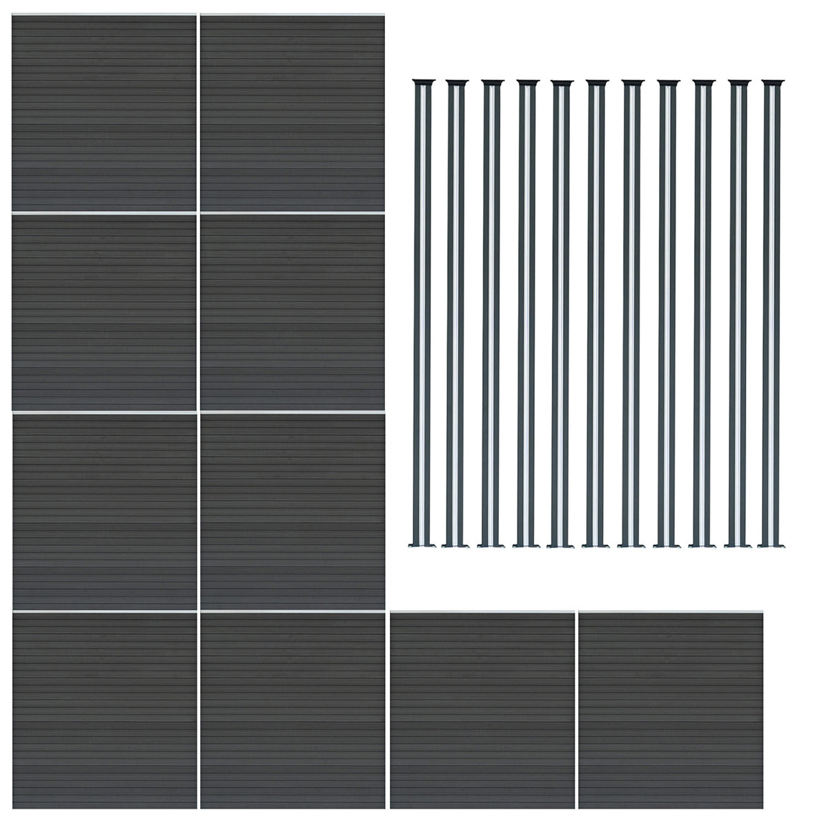 Grau WPC Sichtschutzzaun mit strukturiertem Design und 11 schlanken LED Zaunpfosten, ideal für moderne Garten- und Terrassengestaltung