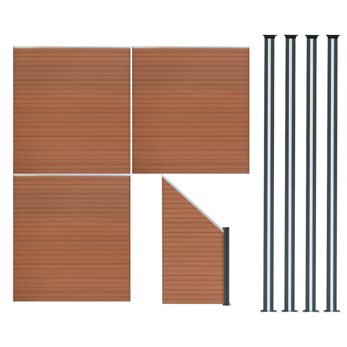 Brauner WPC Sichtschutzzaun mit drei Paneelen, einem Eckstück und vier LED Zaunpfosten, alle mit glatter, wetterbeständiger Oberfläche und modernem Design
