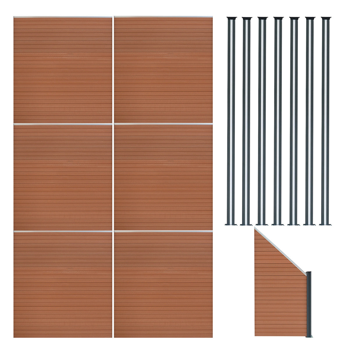 Brauner WPC Sichtschutzzaun mit sechs Paneelen, einem Eckstück und sieben LED Zaunpfosten, alle mit glatter, strukturierter Oberfläche für modernen Gartenstil