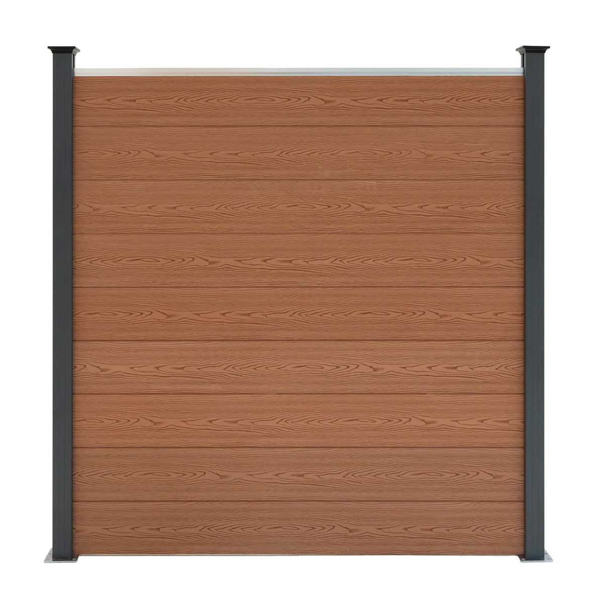 Brauner WPC Sichtschutzzaun mit Holzoptik, ausgestattet mit einem Eckstück und vier LED Zaunpfosten in elegantem Schwarz, ideal für Gartenbereiche
