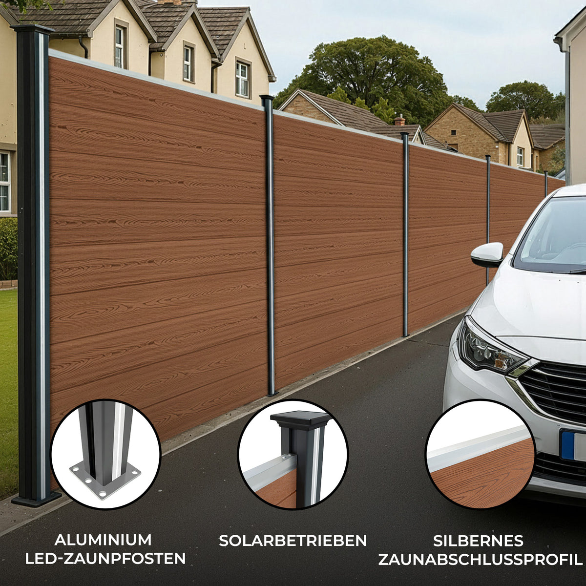 Brauner WPC Sichtschutzzaun mit Aluminium LED-Zaunpfosten, modernes Design, glatte Textur, ideal für Garten- und Grundstücksabgrenzungen