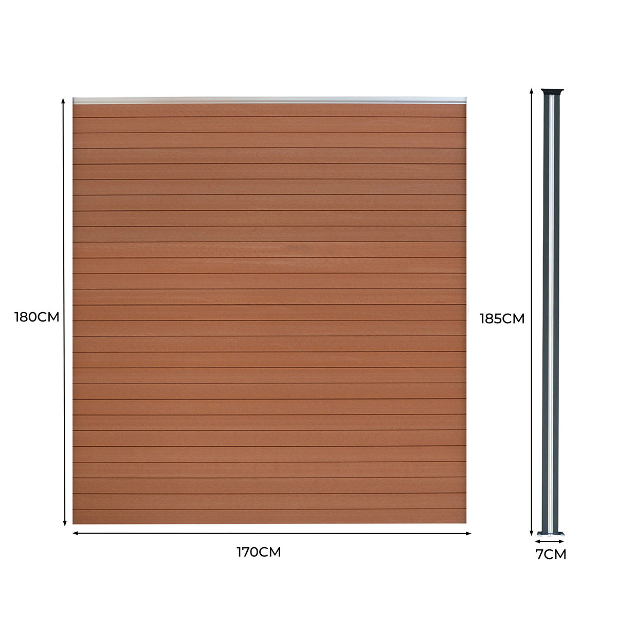 Brauner WPC Sichtschutzzaun mit horizontalen Lamellen, Maße 170x180 cm, daneben LED Zaunpfosten in Schwarz, Höhe 185 cm, Durchmesser 7 cm