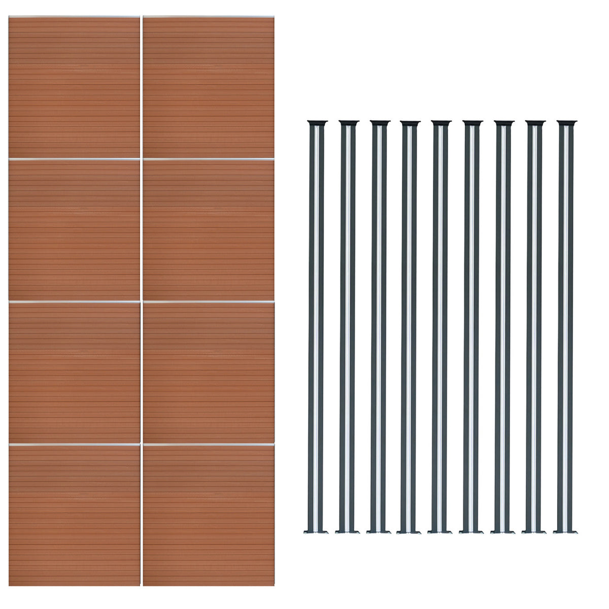 Brauner WPC Sichtschutzzaun mit acht Paneelen und neun schlanken, grauen LED Zaunpfosten, ideal für stilvolle Gartenabgrenzungen