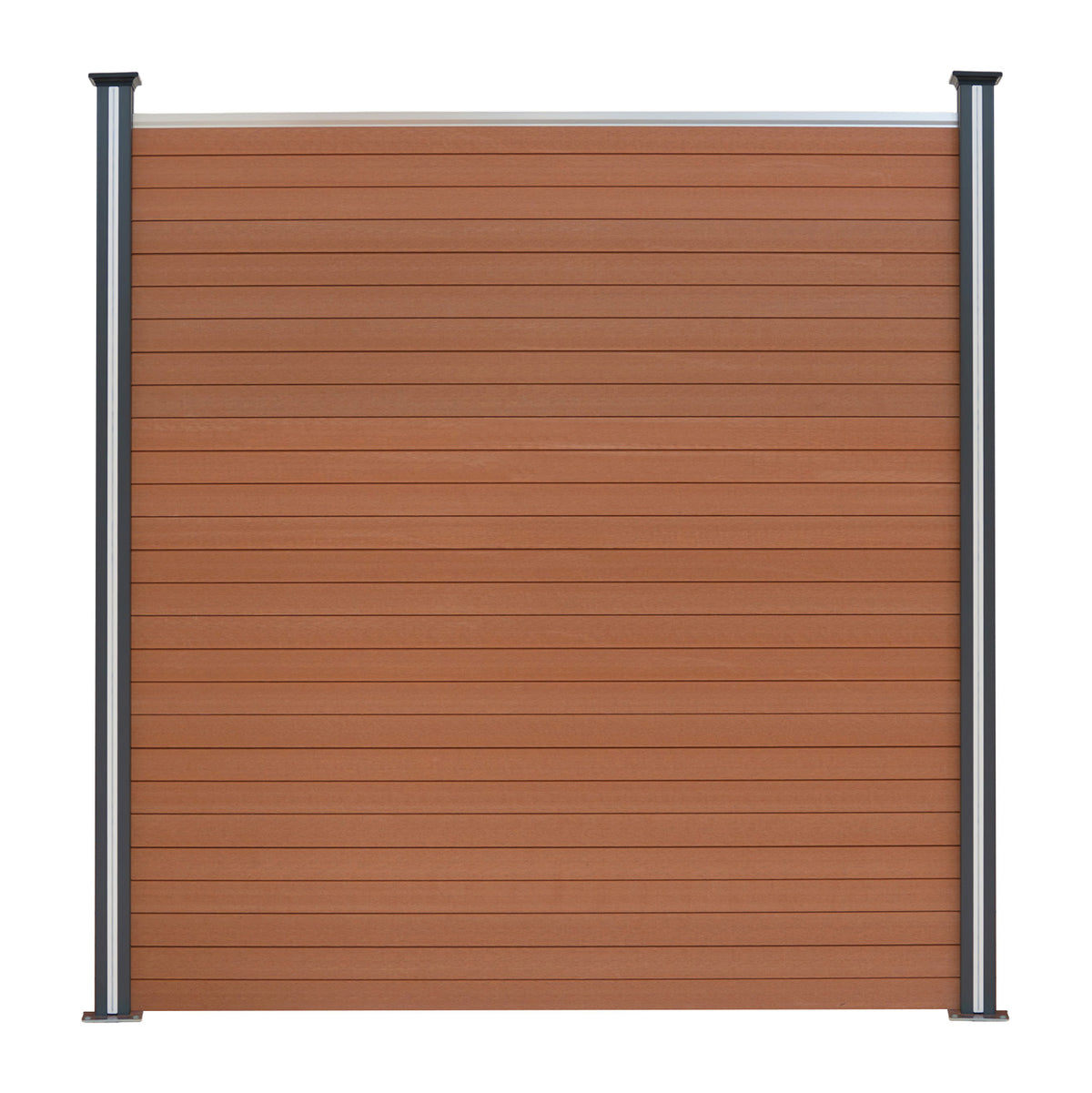 Brauner WPC Sichtschutzzaun mit horizontalen Lamellen und stabilen, grauen Aluminium-Zaunpfosten, ideal für Garten- und Terrassengestaltung