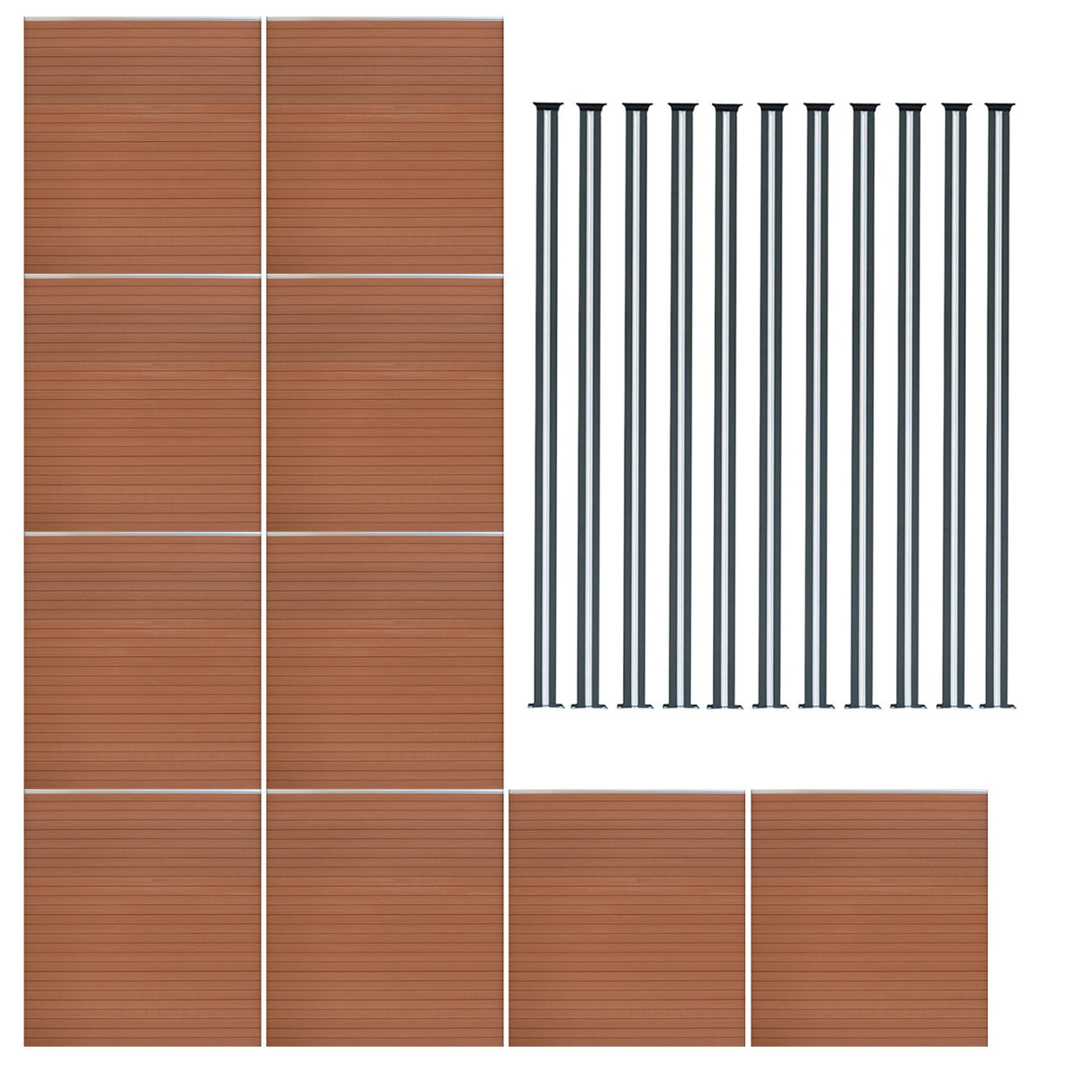 Brauner WPC Sichtschutzzaun mit zehn Paneelen und elf LED Zaunpfosten, modernes Design, strukturierte Oberfläche, ideal für Garten und Terrasse