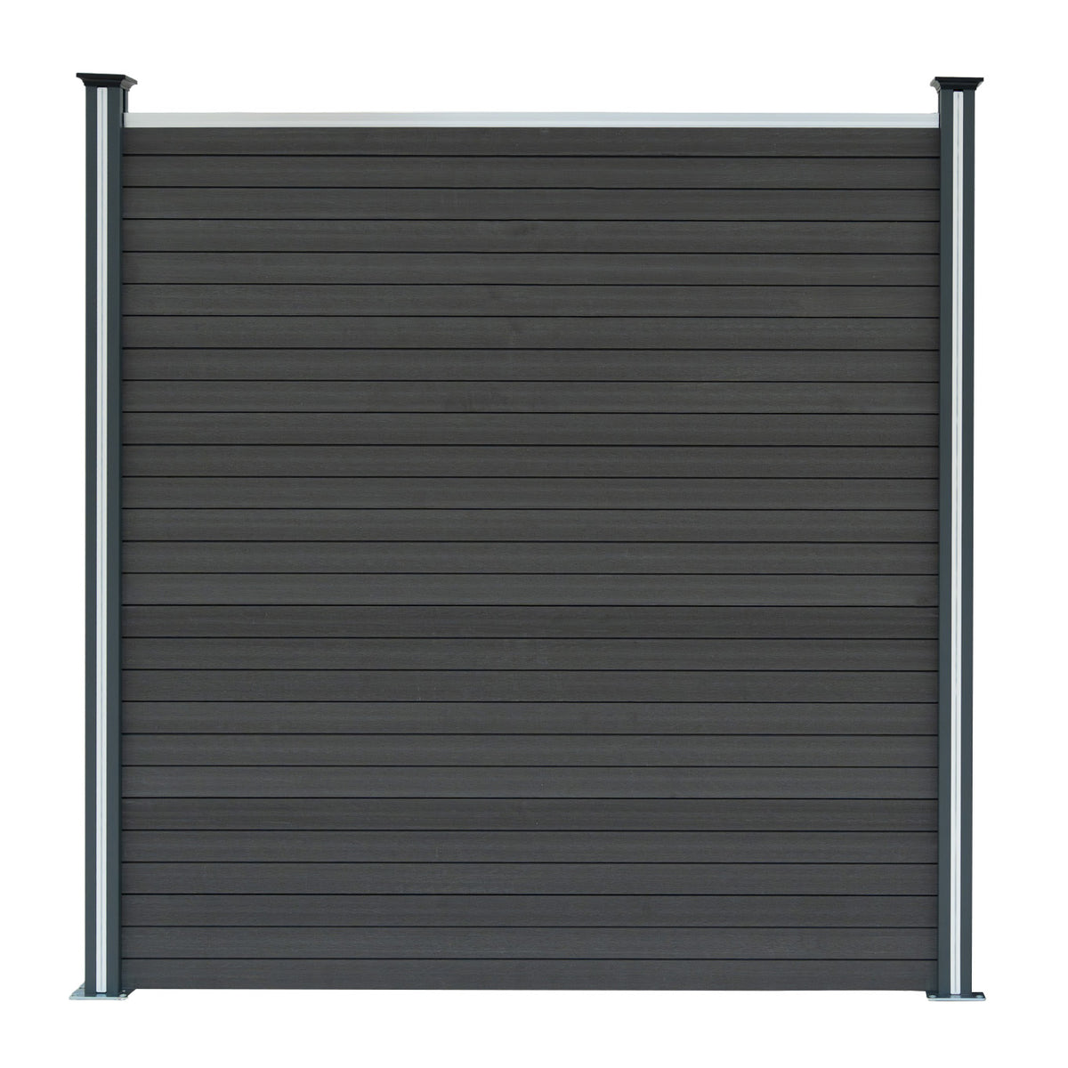 Grau WPC Sichtschutzzaun mit horizontalen Lamellen, stabilen Aluminiumpfosten und LED-Beleuchtung, ideal für Garten- und Terrassengestaltung