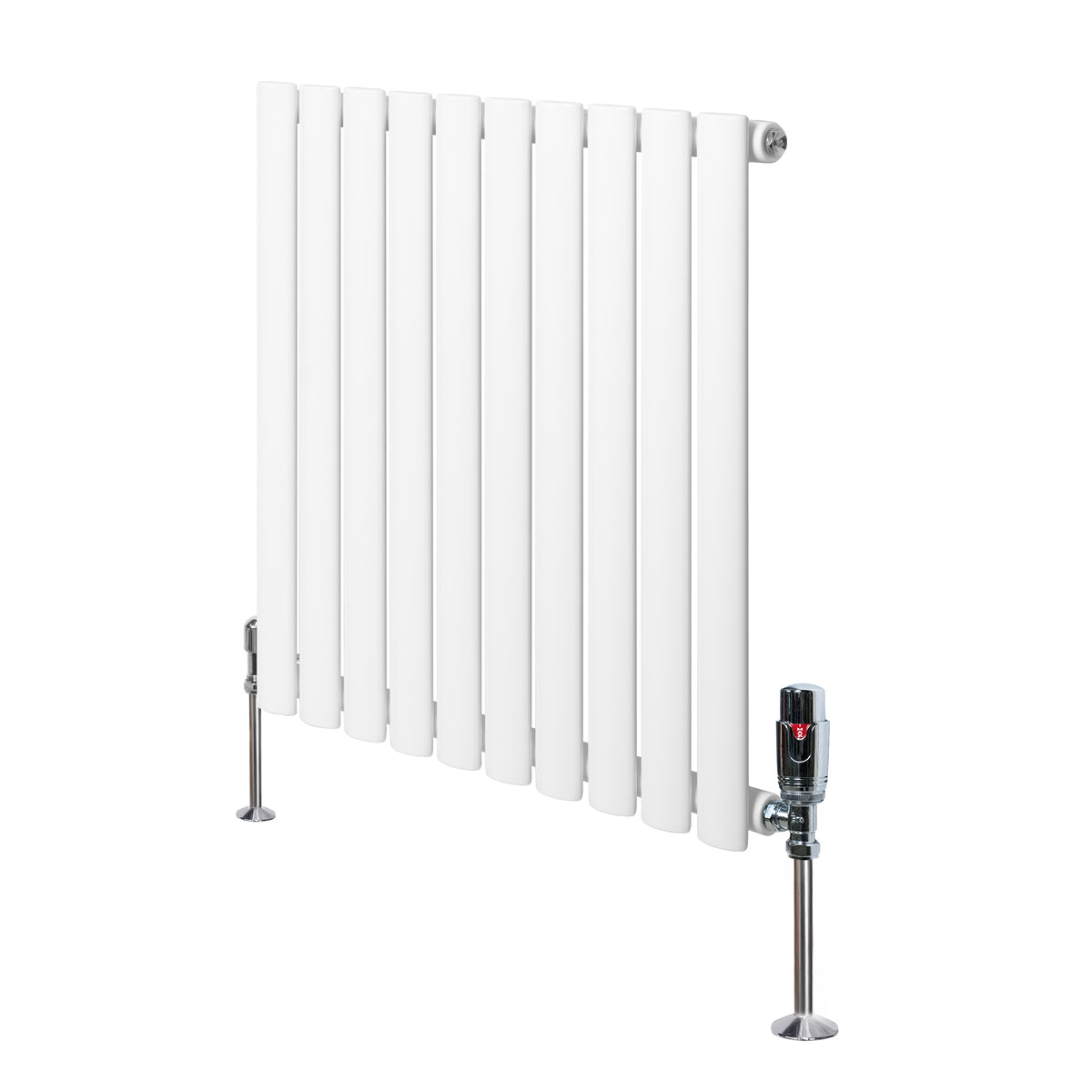 Weißer Gliederheizkörper mit TRV Chromventilen, 600mm x 600mm, schlanke, moderne Form und glatte, glänzende Oberfläche für effiziente Wärmeabgabe