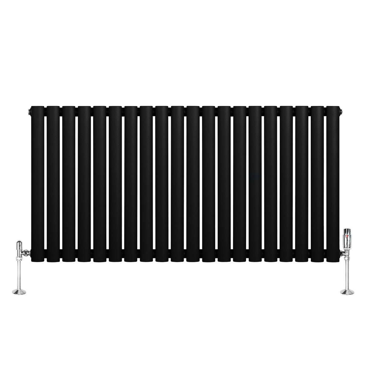 Schwarzer Gliederheizkörper mit TRV Chromventilen, 600mm x 1200mm, schlankes Design mit glatter Oberfläche und modernen, glänzenden Ventilen