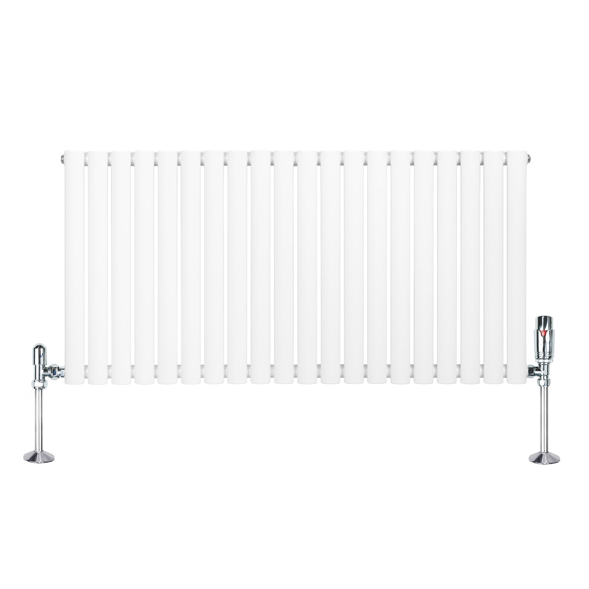 Weißer Gliederheizkörper mit TRV Chromventilen, 600mm x 1200mm, glänzende Oberfläche, schlanke, vertikale Lamellen und moderne, elegante Form