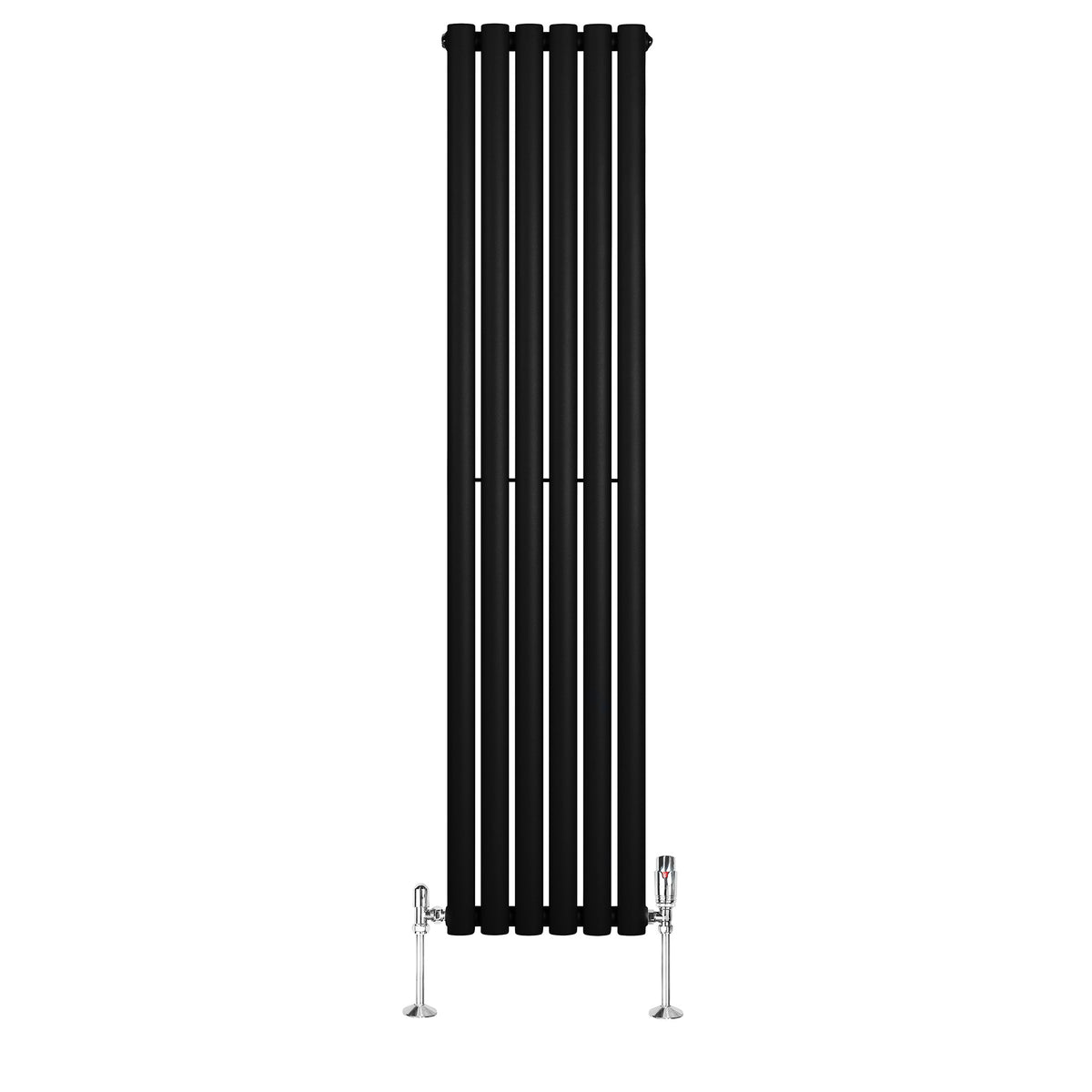 Schwarzer Gliederheizkörper mit TRV Chromventilen, 1600mm x 360mm, vertikale Lamellenstruktur, modernes Design, glänzende Oberflächen, elegantes Heizsystem