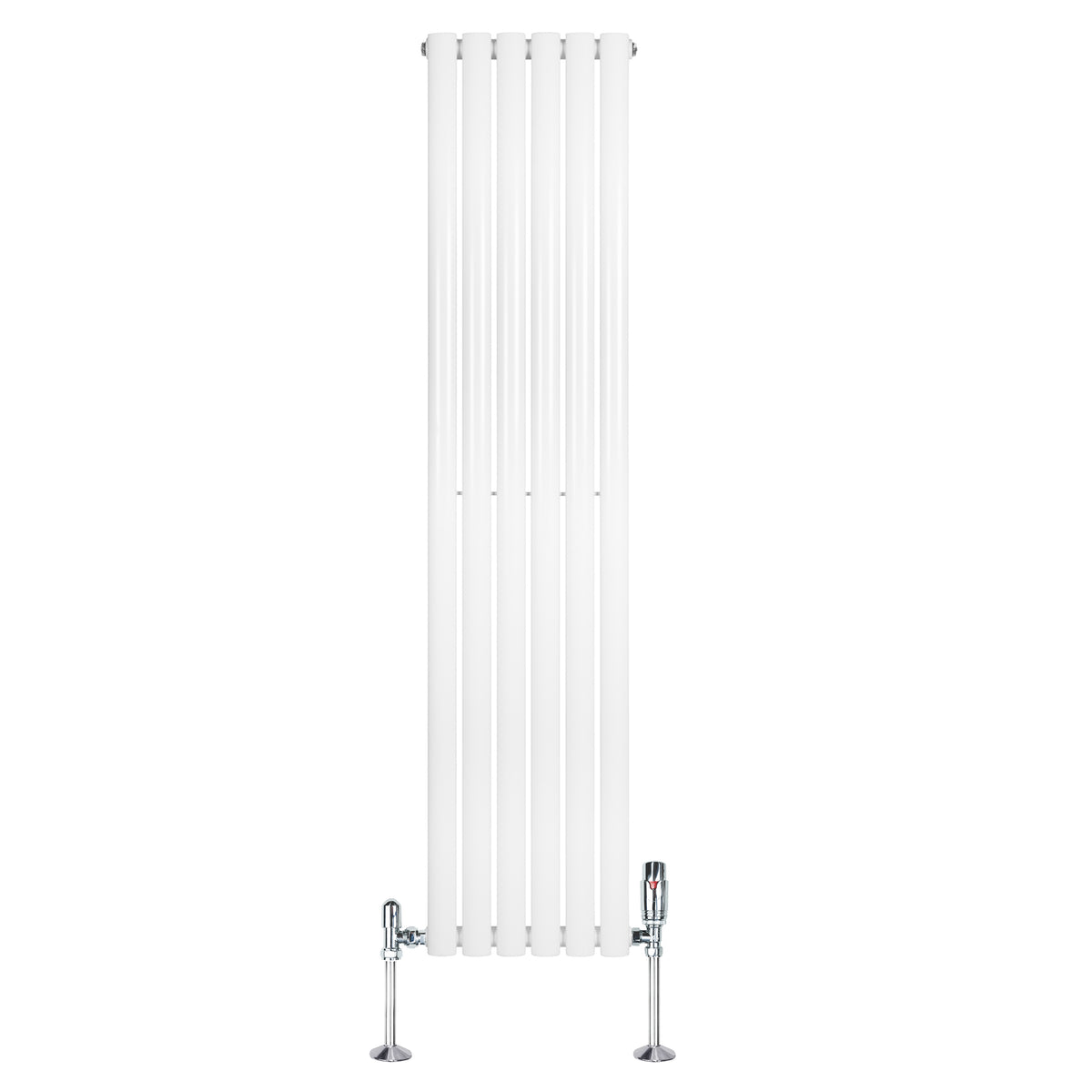 Hochformatierter, weißer Gliederheizkörper mit TRV Chromventilen, 1600mm x 360mm, glänzende Oberfläche und schlankes, modernes Design
