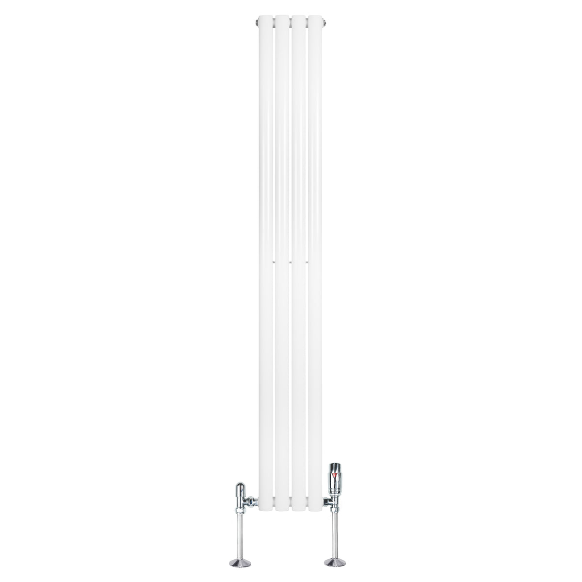 Hochformatiger, weißer Gliederheizkörper mit TRV Chromventilen, 1800mm x 240mm, glänzende Oberflächen und schlankes, modernes Design