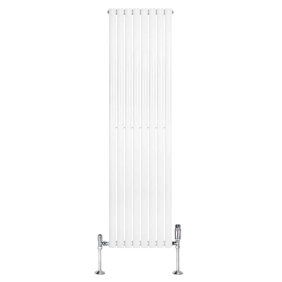 Hochformatiger, weißer Gliederheizkörper mit TRV Chromventilen, 1800mm x 480mm, glatte Oberfläche und moderne, schlanke Linienführung