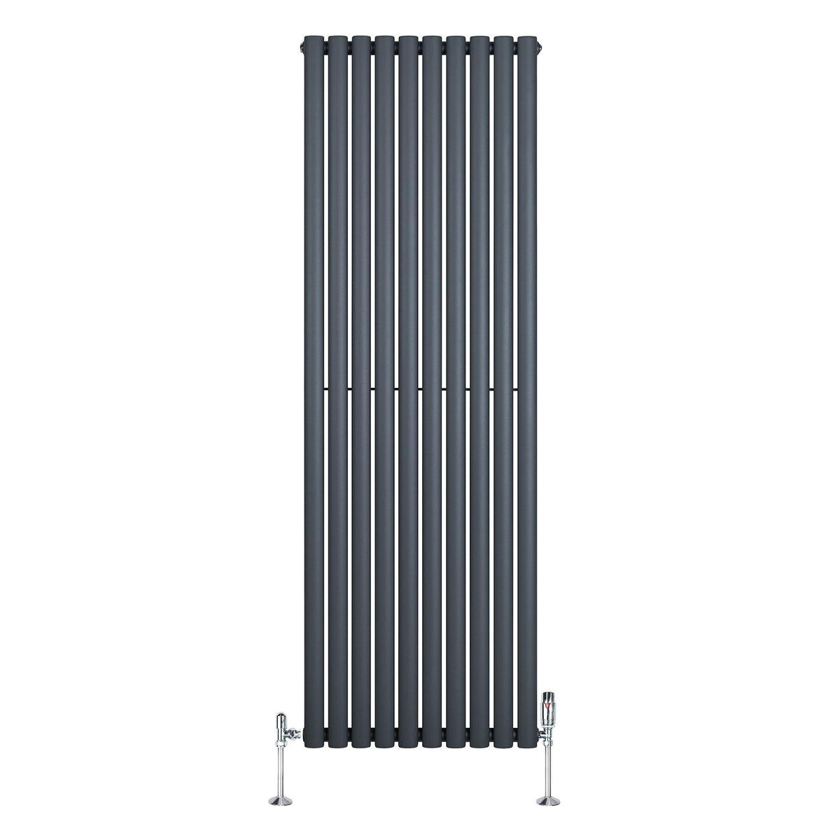 Gliederheizkörper in Anthrazitgrau mit TRV Chromventilen, schlankes Design, 1800mm x 600mm, vertikale Lamellenstruktur, moderne Heizlösung für jeden Raum