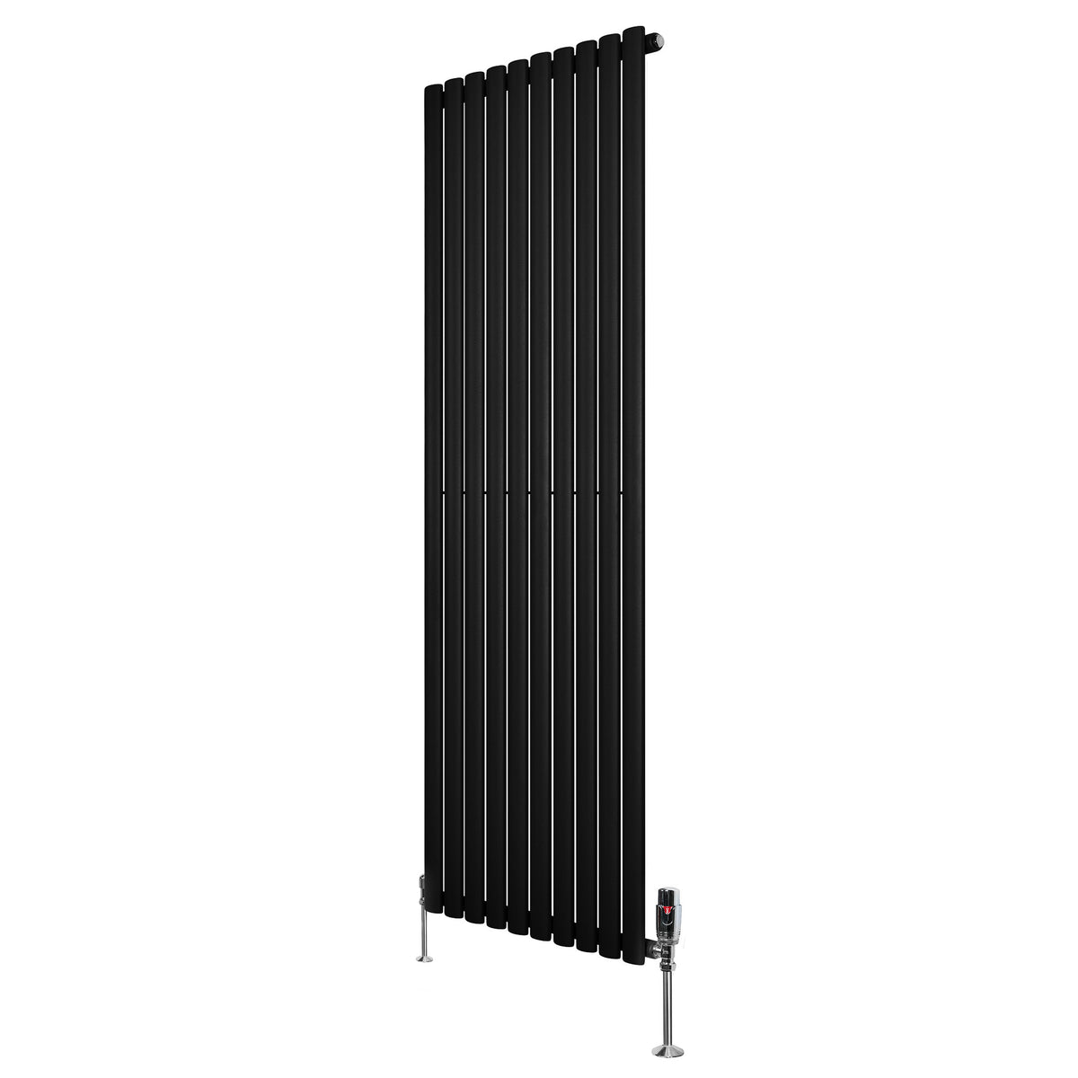 Schwarzer Gliederheizkörper mit TRV Chromventilen, 1800mm x 600mm, vertikale Lamellenstruktur, modernes Design, ideal für stilvolle Innenräume
