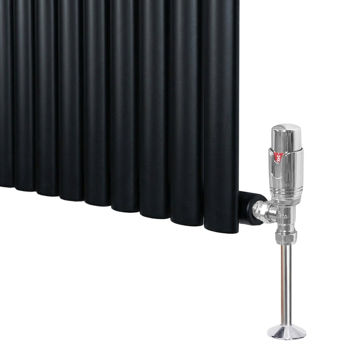Schwarzer Gliederheizkörper mit TRV Chromventilen, 1800mm x 600mm, glänzende Oberfläche, moderne Linienführung und elegantes Design