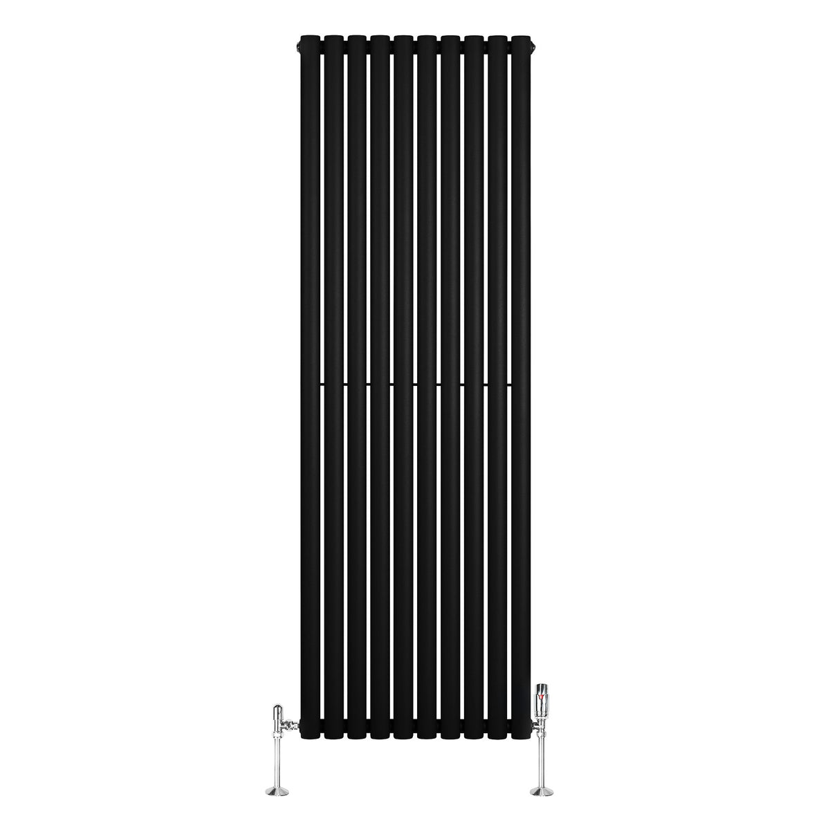 Schwarzer Gliederheizkörper mit TRV Chromventilen, 1800mm x 600mm, vertikale Lamellenstruktur, modernes Design und glatte Oberfläche