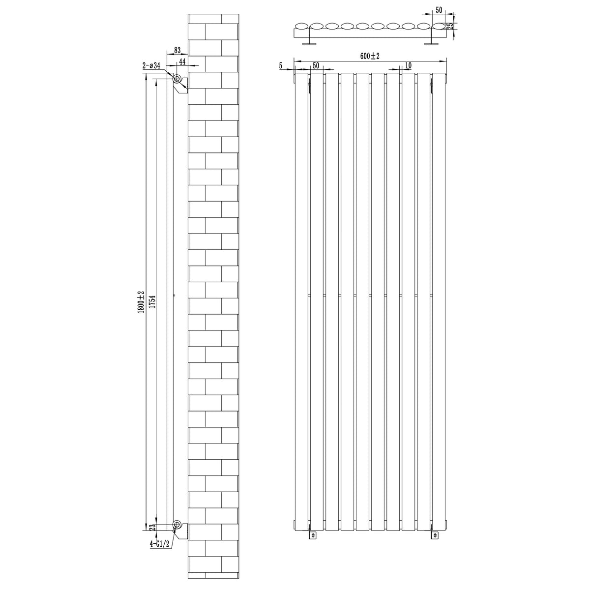 Schwarzer Gliederheizkörper mit TRV Chromventilen, Maße 1800mm x 600mm, vertikale Röhrenstruktur, modernes Design, ideal für effiziente Raumheizung