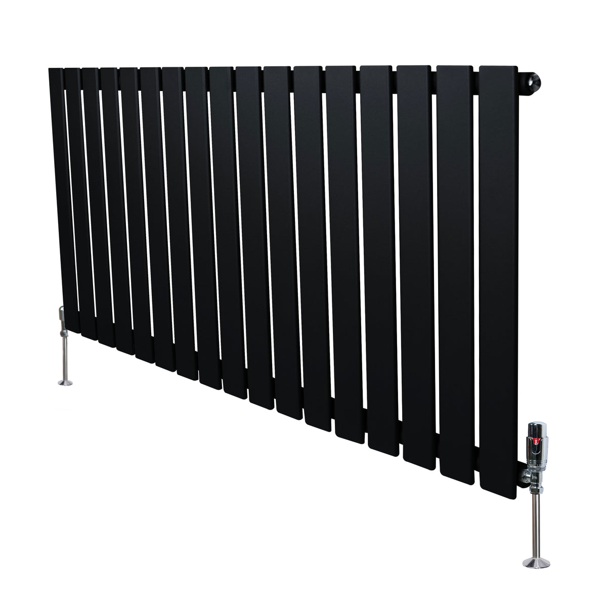 Flachheizkörper in Schwarz, 600mm x 1190mm, mit vertikalen Lamellen und modernen Ventilen, ideal für stilvolle Heizlösungen in jedem Raum