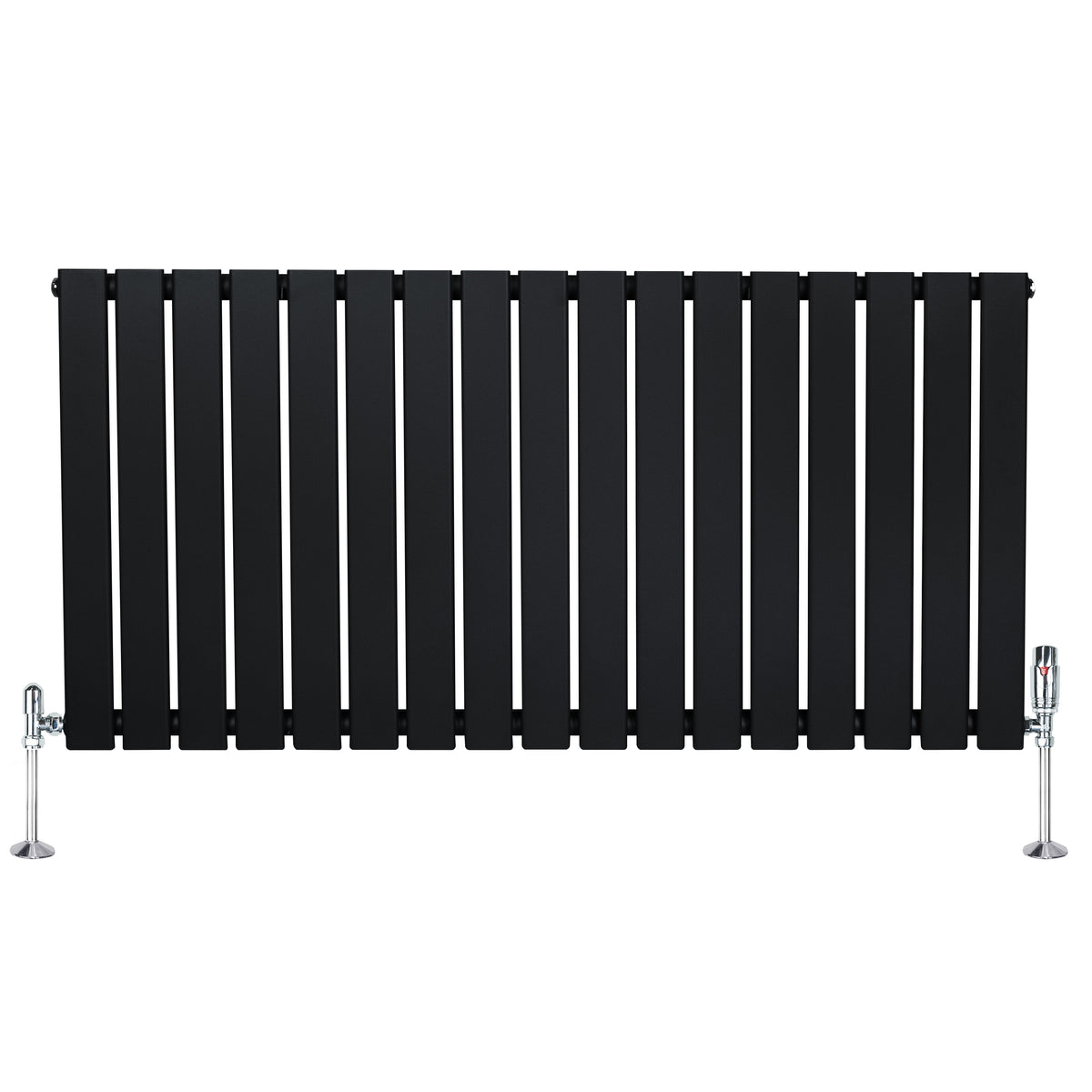 Schwarzer Flachheizkörper mit vertikalen Lamellen, 600mm x 1190mm, ausgestattet mit modernen Ventilen und stabilen Füßen aus Metall