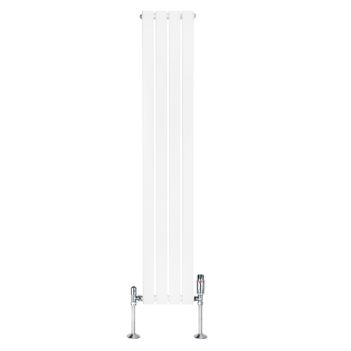 Flachheizkörper in Weiß, 1600mm x 280mm, mit glatten, vertikalen Lamellen und eleganten Ventilen, ideal für moderne Innenräume