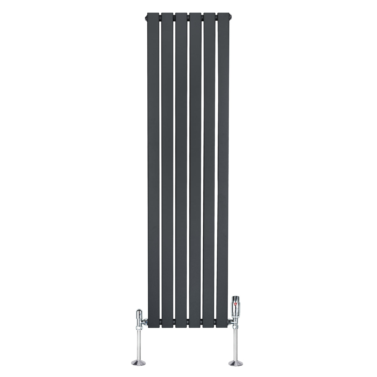 Flachheizkörper in Anthrazitgrau, 1600mm x 420mm, mit vertikalen Lamellen und glänzenden Ventilen, ideal für moderne Innenräume