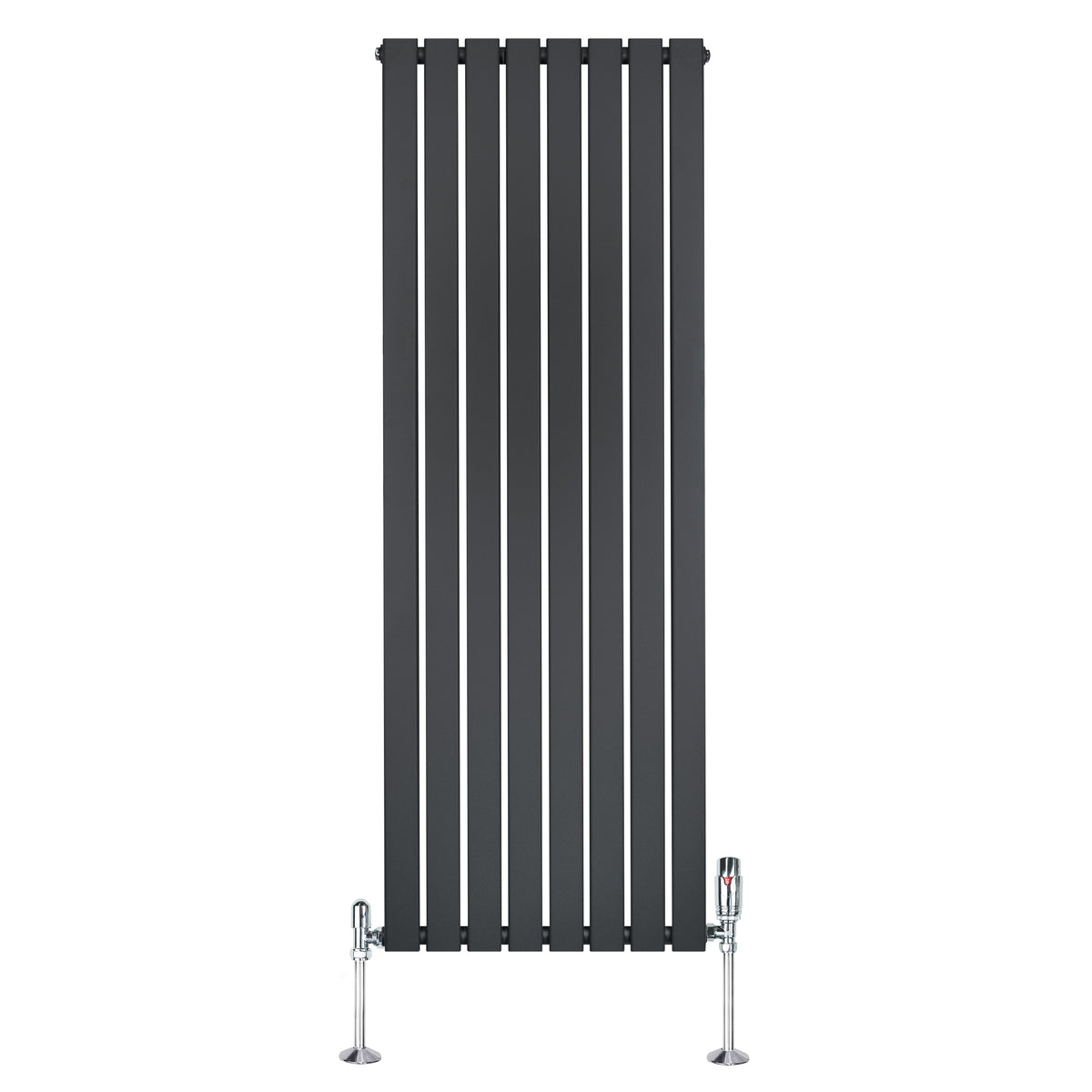 Flachheizkörper in Anthrazitgrau, 1600mm x 560mm, mit vertikalen Lamellen und glänzenden Ventilen, ideal für moderne Innenräume