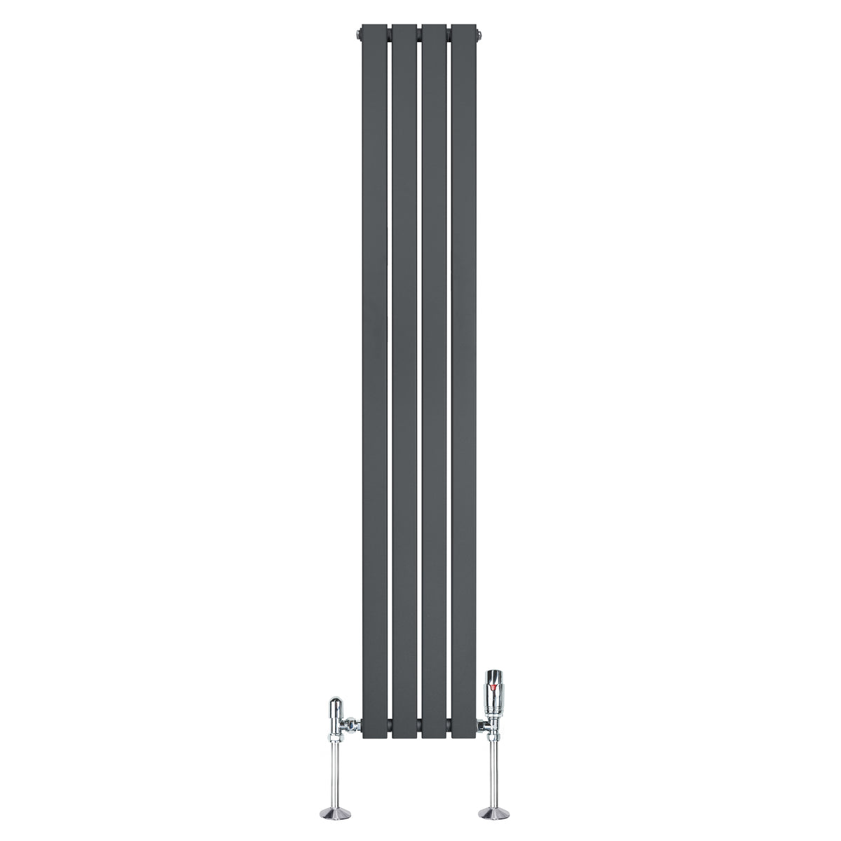 Flachheizkörper in Anthrazitgrau, 1800mm x 280mm, mit schlanken vertikalen Lamellen und modernen Ventilen, ideal für stilvolle Heizlösungen