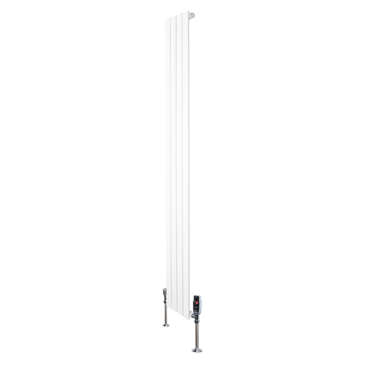 Flachheizkörper in Weiß, 1800mm x 280mm, mit vertikalen Lamellen und modernen Ventilen, ideal für effiziente Raumheizung und stilvolle Einrichtung