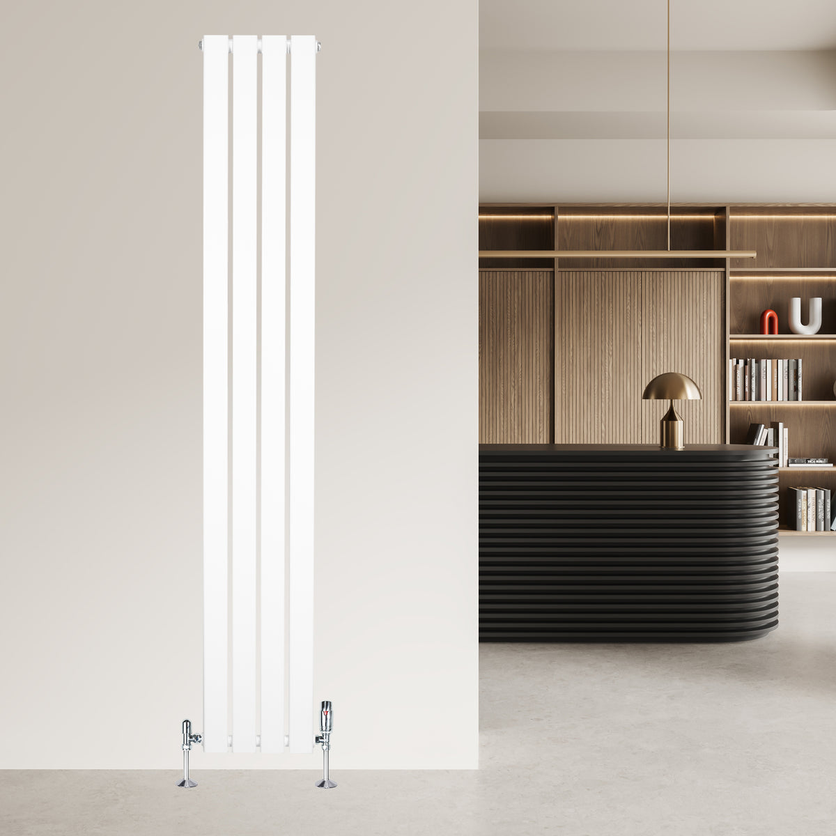 Flachheizkörper in Weiß, 1800mm x 280mm, mit schlanken vertikalen Lamellen und modernen Ventilen, ideal für stilvolle Innenräume