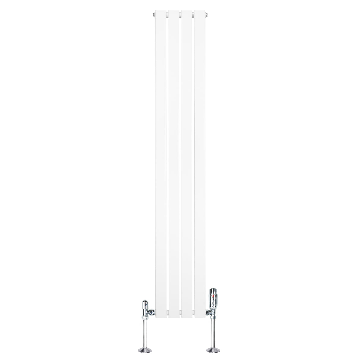 Flachheizkörper in Weiß, 1800mm x 280mm, mit schlanken vertikalen Lamellen und glänzenden Ventilen, ideal für moderne Innenräume