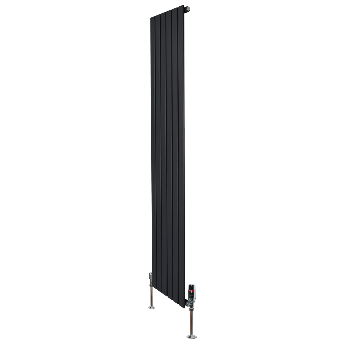 Schwarzer Flachheizkörper mit vertikalen Lamellen, 1800mm x 420mm, ausgestattet mit modernen Ventilen und stabilen Standfüßen