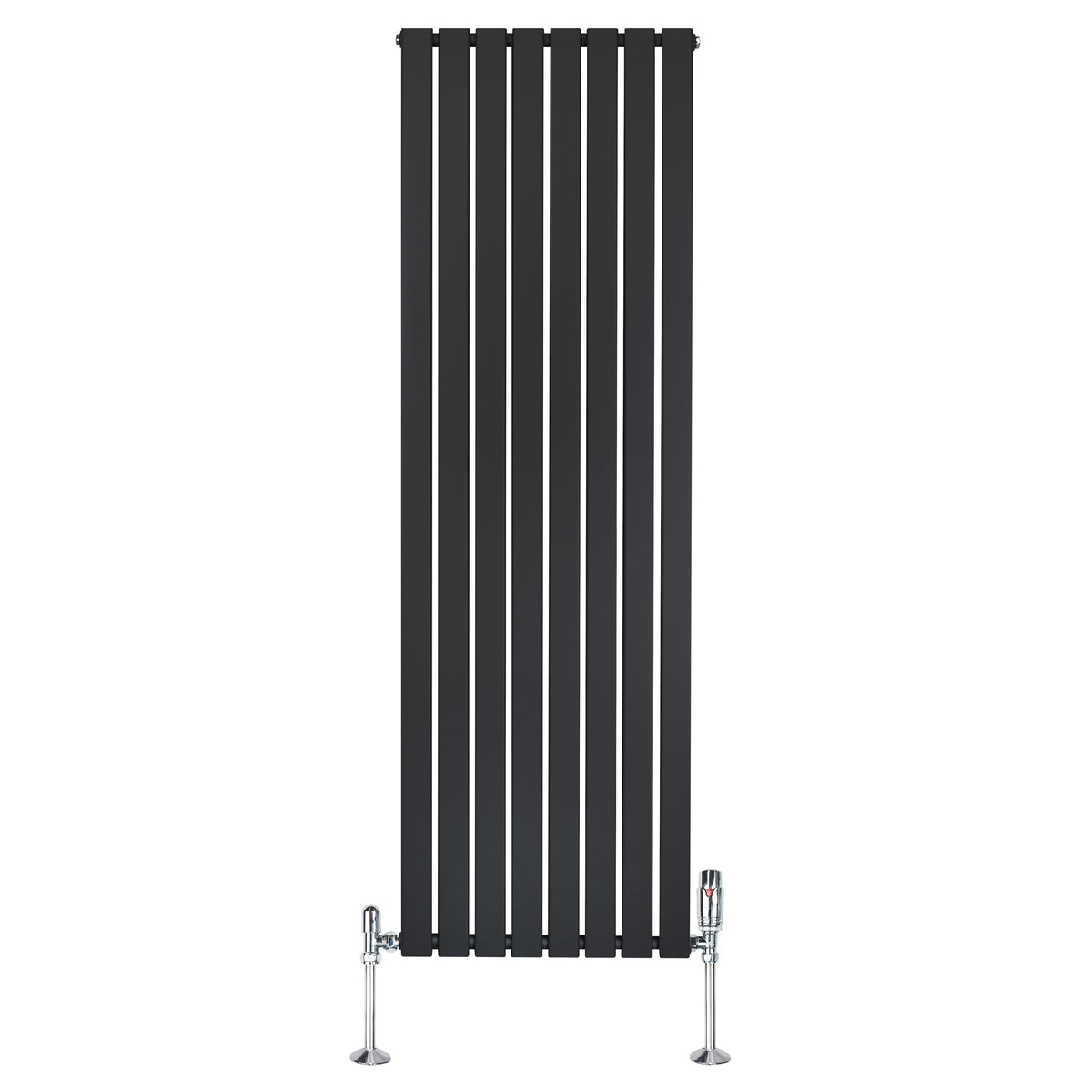 Schmaler, schwarzer Flachheizkörper mit vertikalen Lamellen, 1800mm x 560mm, ausgestattet mit modernen Ventilen und glänzenden Oberflächen