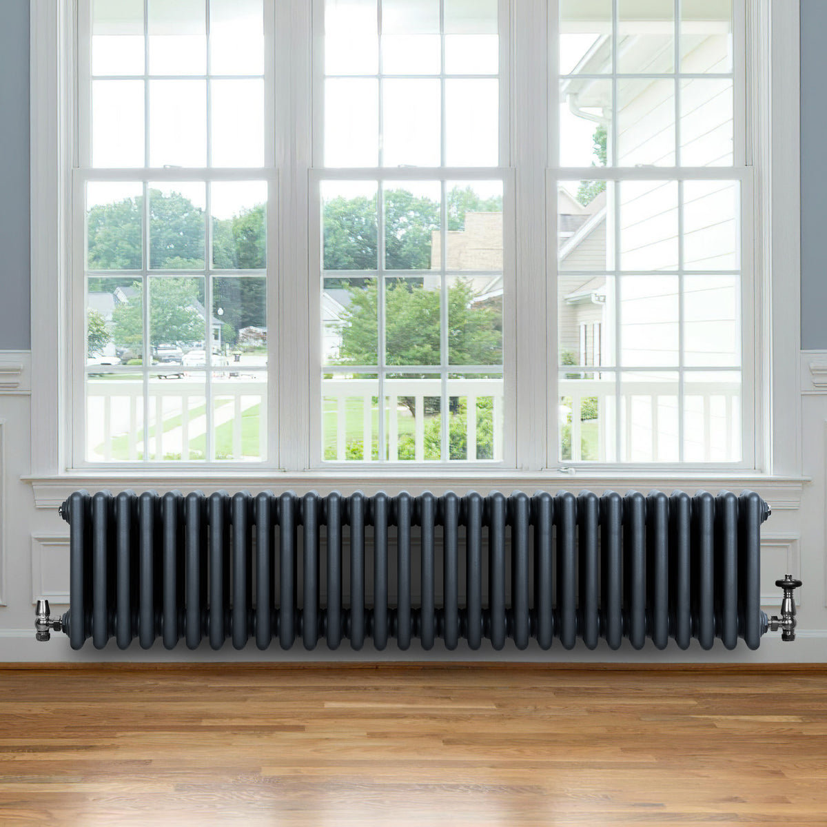 Röhrenheizkörper 4 Säulen mit TRV Chromventile – 300mm x 1370mm – Anthrazitgrau - view 3