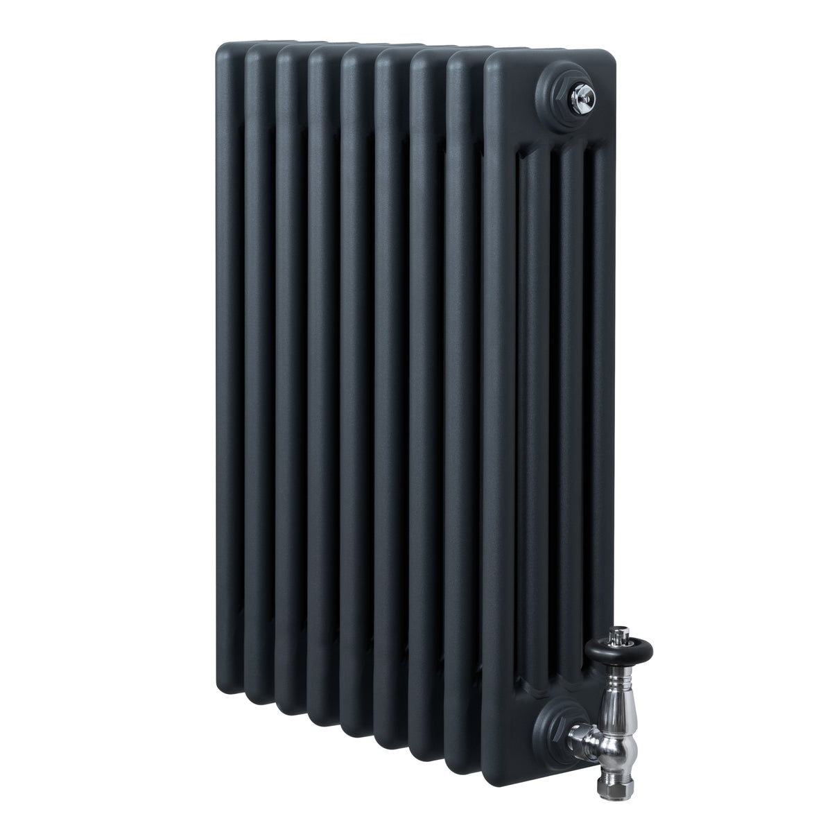 Röhrenheizkörper 4 Säulen mit TRV Chromventile – 600mm x 425mm – Anthrazitgrau