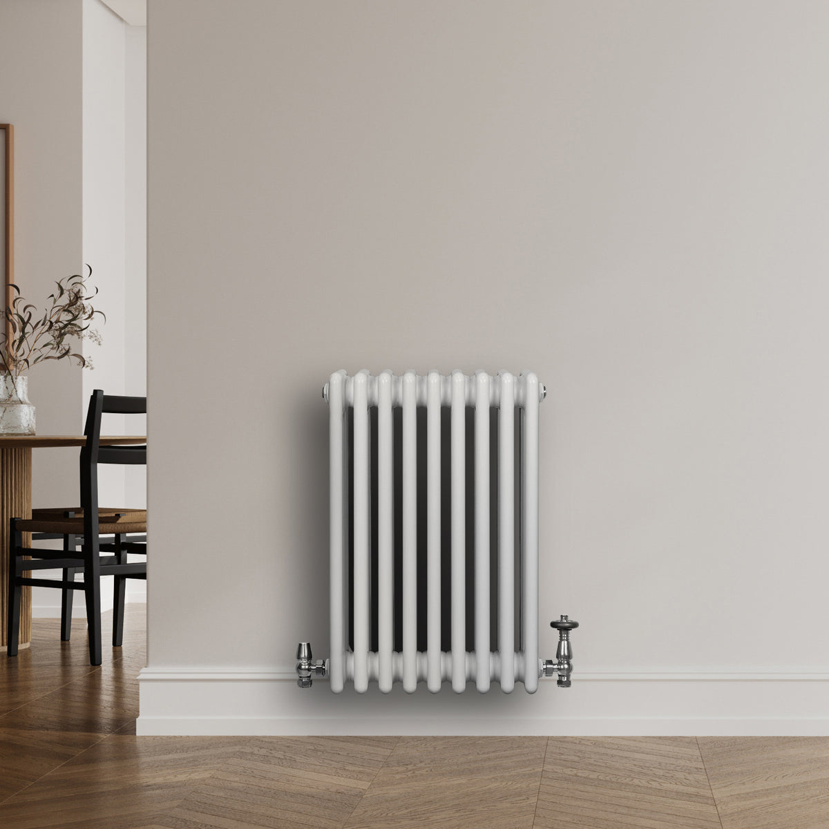 Röhrenheizkörper 4 Säulen mit TRV Chromventile – 600mm x 425mm – Weiß