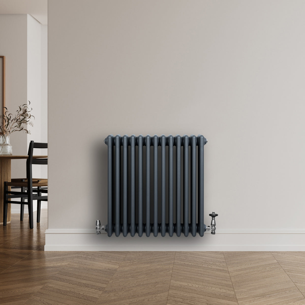 Röhrenheizkörper 4 Säulen mit TRV Chromventile – 600mm x 605mm – Anthrazitgrau - view 3