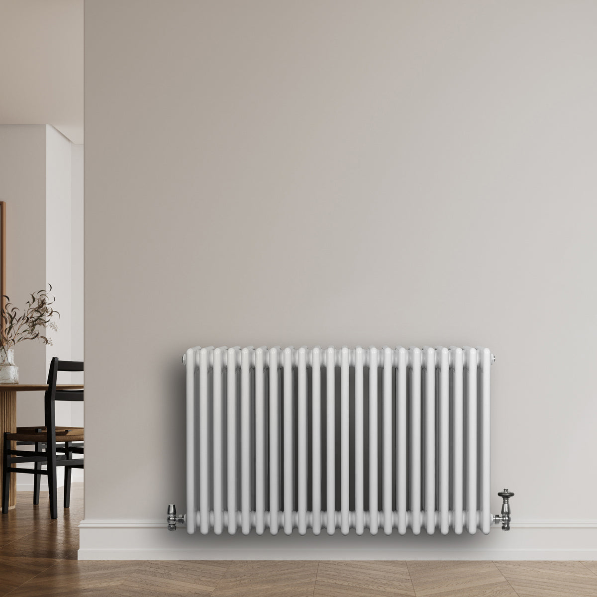 Röhrenheizkörper 4 Säulen mit TRV Chromventile – 600mm x 1010mm – Weiß - view 2