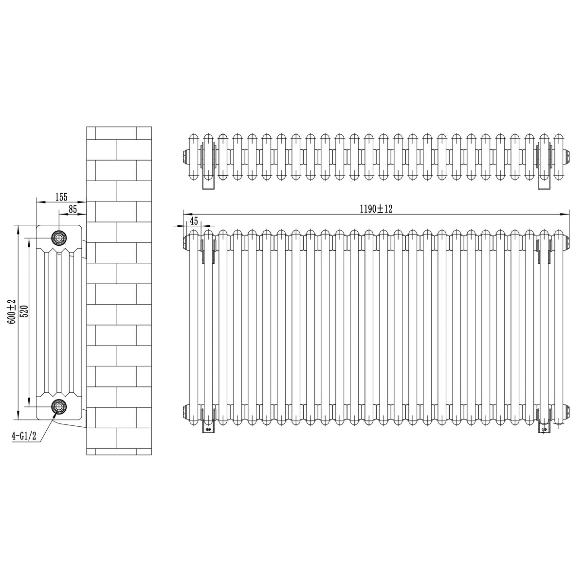 Röhrenheizkörper 4 Säulen mit TRV Chromventile – 600mm x 1190mm – Schwarz - view 12