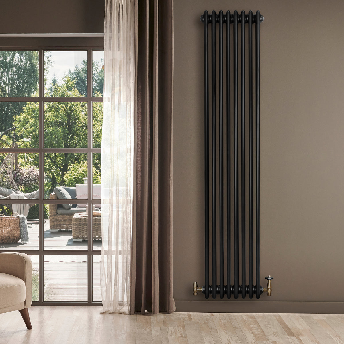Röhrenheizkörper 4 Säulen mit TRV Chromventile – 1800mm x 380mm – Schwarz - view 2