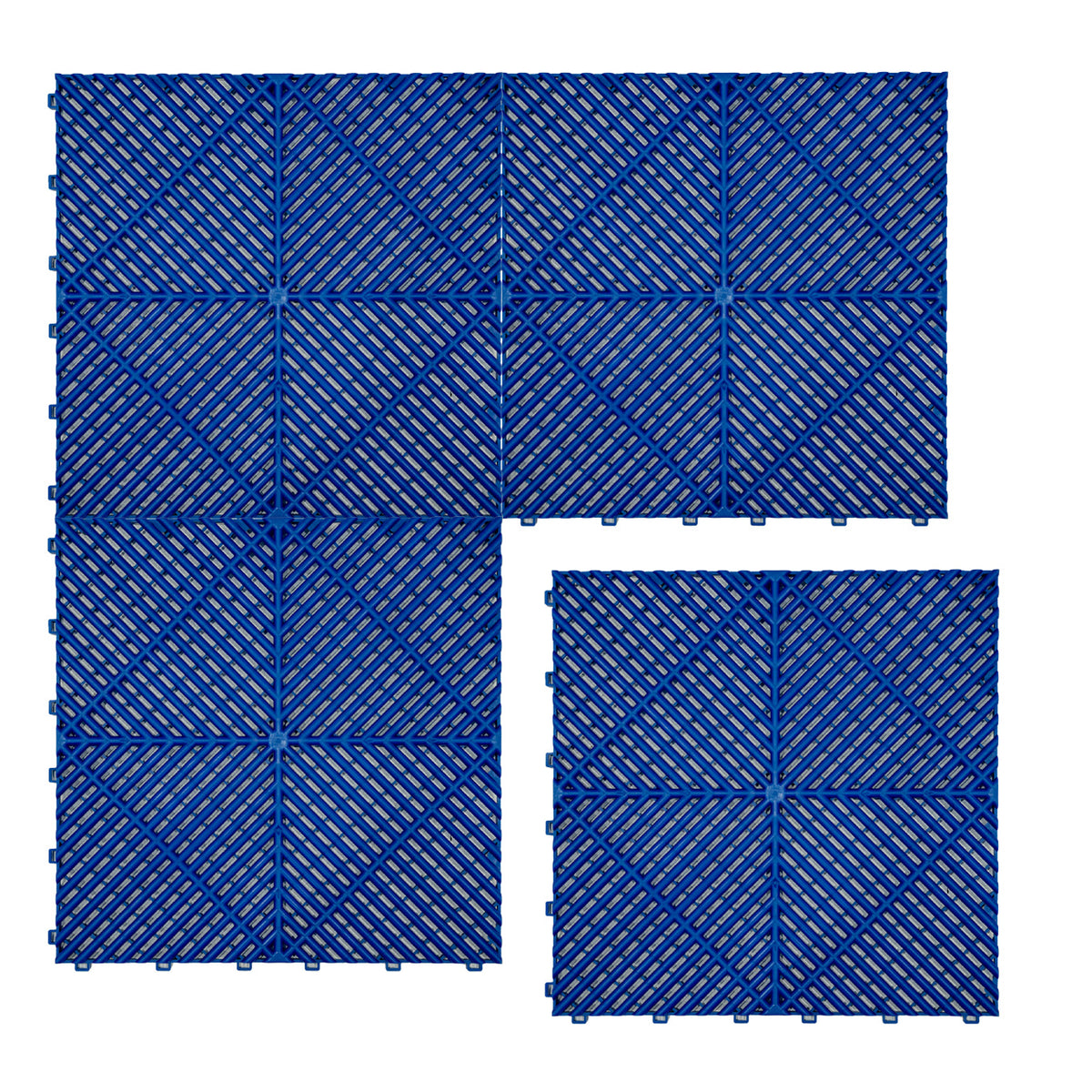 Belüftete Garagenbodenfliesen in kräftigem Blau, quadratisch mit rutschfester Oberfläche und diagonalem Muster, ideal für eine sichere Bodenbelaglösung