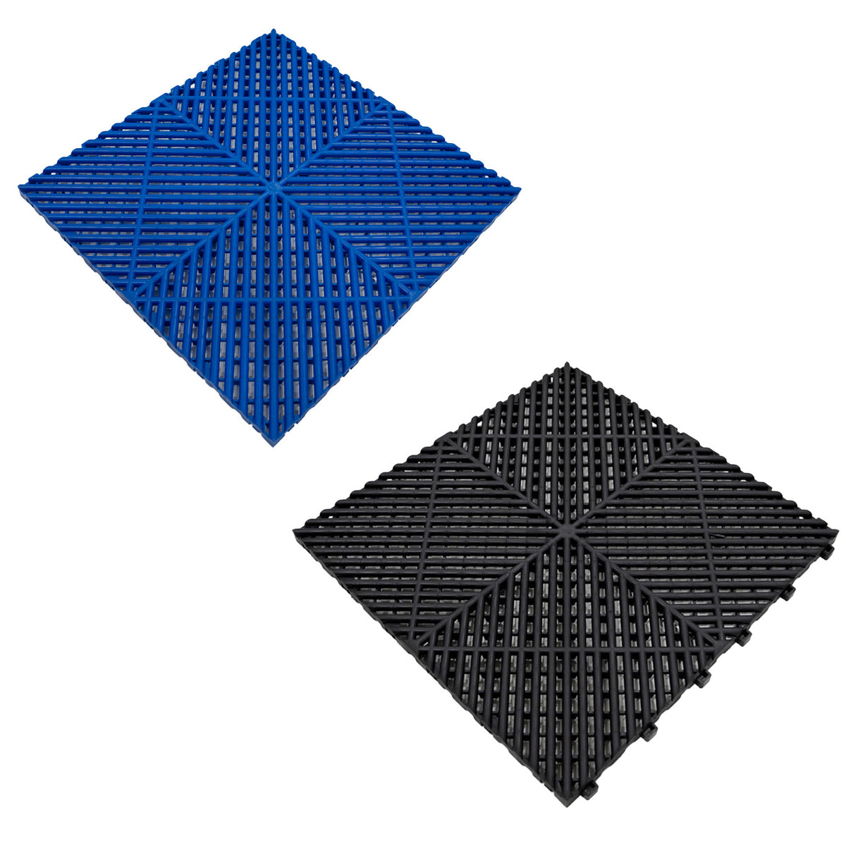 Belüftete Garagenbodenfliesen in Schwarz und Blau, quadratisch, mit rutschfester Oberfläche und strukturiertem Design für optimale Belüftung und Haltbarkeit